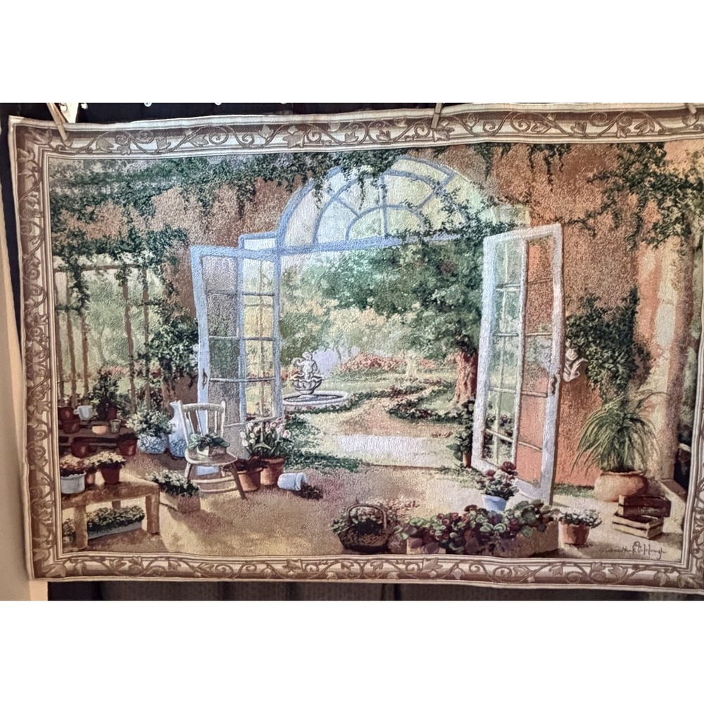 French Tapestry Wall Hanging Doors Garden Room Scene Susan Colclough 55" X 38"